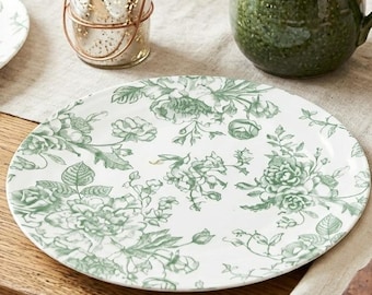 Set of 10 Sage Green Round French Toile Plastic Dinner Plates - 10''