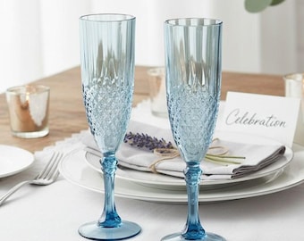 Crystal Cut Plastic Champagne Flutes, Set of 6 | 8 oz Elegant Stemware