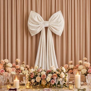 May include: A large cream-colored fabric bow hangs against a beige curtain backdrop above a table set with floral arrangements, white candles in glass holders, clear glassware, and folded napkins on plates, with velvet chairs in the foreground.