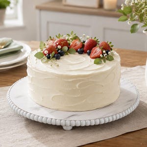May include: A round white frosted cake decorated with fresh strawberries, blueberries, and greenery. The cake sits on a marble and beaded cake stand. A white pitcher with flowers and a cup of tea are also on the table.