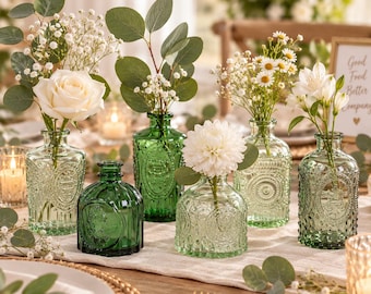 Set of 6 Green Glass Bud Vases, Vintage Embossed Apothecary Bottles, Boho Wedding Centerpieces, Reed Diffuser Vases, Table Decor Gift