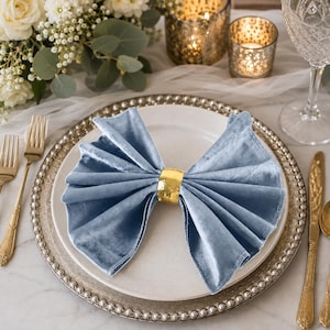 May include: A dusty blue velvet napkin folded into a bow shape and secured with a polished gold-toned metal napkin ring. The napkin is centered on a white ceramic plate, which rests on a silver-beaded charger plate with gold-toned cutlery.