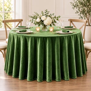 Olive Green Velvet Round Tablecloth - 132 Inch Floor Length Table Cover for Wedding, Holiday Dinner Party & Banquet Decor - Soft Custom Size