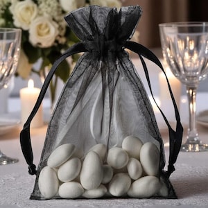 Organza Favor Bags - Black Sheer Drawstring Pouches (Set of 10, 4x6&quot;)