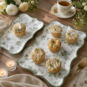 May include: Two white floral patterned serving platters with green trim, each holding cupcakes with cream frosting. A teacup and saucer, candles, and a gold fork are also present, creating a charming tea party scene.