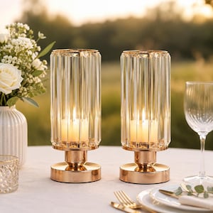 May include: Two cylindrical candle holders featuring vertical glass rods and a polished gold-tone metal base. Each holder contains a lit white pillar candle, creating a warm glow. The design is structured with a circular pedestal base.