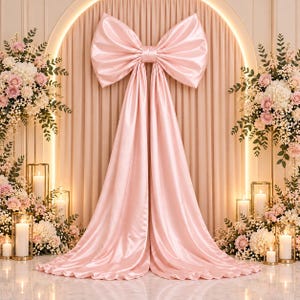 May include: A large, pale pink satin bow with two long, flowing fabric tails draped over a matching pale pink curtain backdrop. The display is flanked by two tall floral arrangements featuring white and pink roses and green foliage.