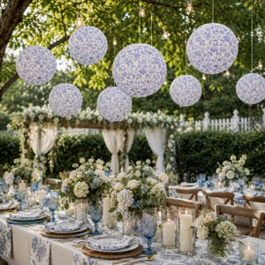 May include: A collection of spherical paper lanterns featuring a blue and white floral pattern hanging above a long dining table set with white floral tablecloths, blue glassware, white candles, and floral centerpieces in a garden setting.