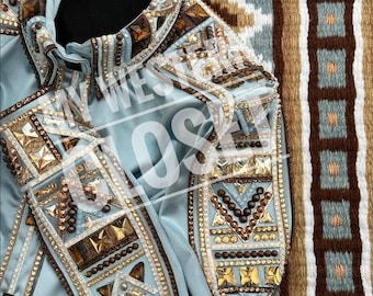 Blue,Gold with brown Western Show Shirt with Matching Pad: Women's Horse Riding Showmanship