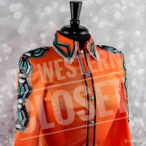 Orange Western pleasure Horse Show Shirt, Horsemanship, Women Rail Jacket, Western Show shirt