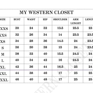 May include: A size chart from "MY WESTERN CLOSET" with measurements for bust, waist, hip, shoulder, arm length, and length. Sizes range from XXXS to XXXL, with corresponding measurements in inches.