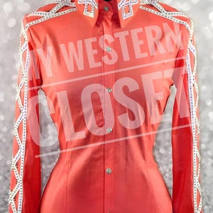 Orange Western pleasure Horse Show Shirt, Horsemanship, Women Rail Jacket, Western Show shirt