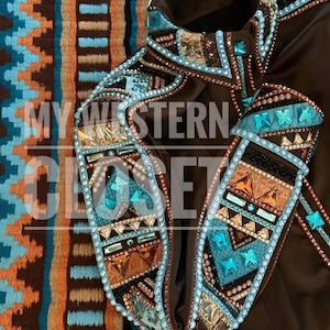 May include: A brown show jacket with detailed beadwork and embellishments. The jacket is adorned with turquoise, gold, and copper-toned rhinestones and beading around the collar, lapels, and cuffs. The background is a patterned textile in brown, turquoise, and orange. Text reads "MY WESTERN CLOSET".