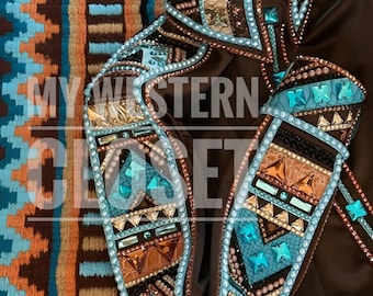Brown with blue Western Show Shirt with Matching Pad: Preciosa Crystals