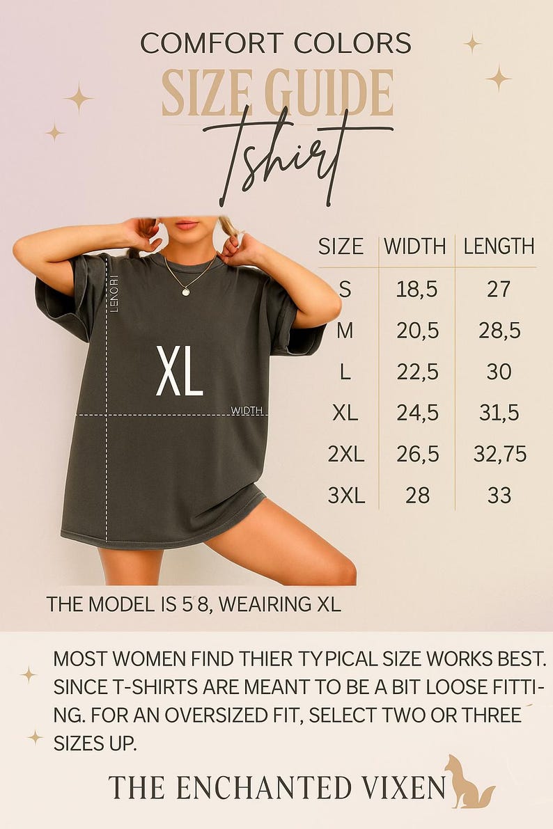 May include: Dark green t-shirt with a size guide chart. The chart lists sizes S to 3XL, with width and length measurements in inches. The text on the shirt reads "XL". The model is wearing an XL.