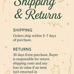May include: A cream-colored graphic with the text "Shipping & Returns" in dark green. The image includes text about shipping times and return policies, along with decorative elements like stars, a crescent moon, and a fox illustration.