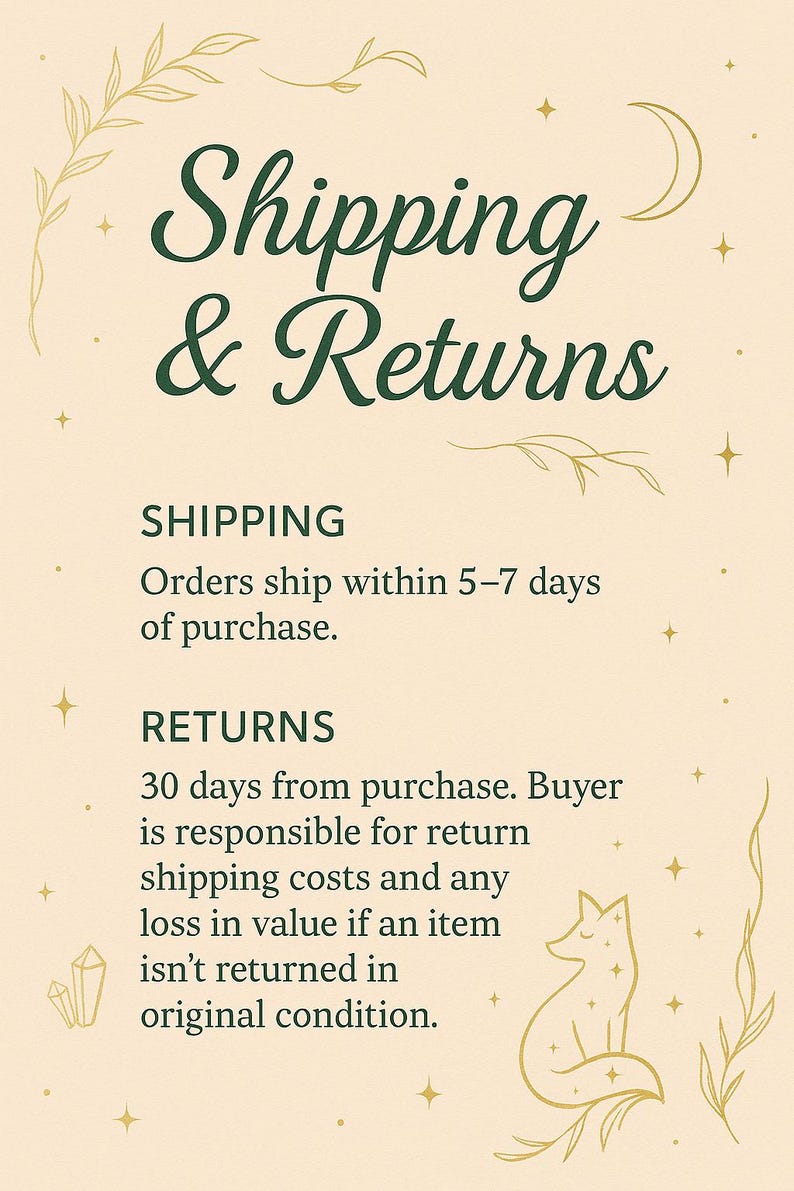 May include: A cream-colored graphic with the text "Shipping & Returns" in dark green. The image includes text about shipping times and return policies, along with decorative elements like stars, a crescent moon, and a fox illustration.