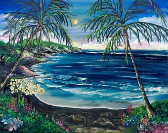 Tropical Hawaiian Painting Giclee named Black Sand Beach by Artist Theresa