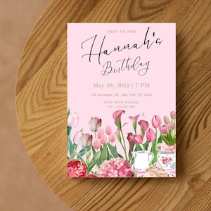Pink Floral Invitation | Girl Birthday, Baby Shower, or Spring Party | Canva Template | Digital Download | Printable Invite PDF JPEG