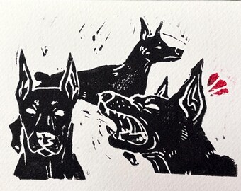 Dogs Hand-Carved Linoleum Print