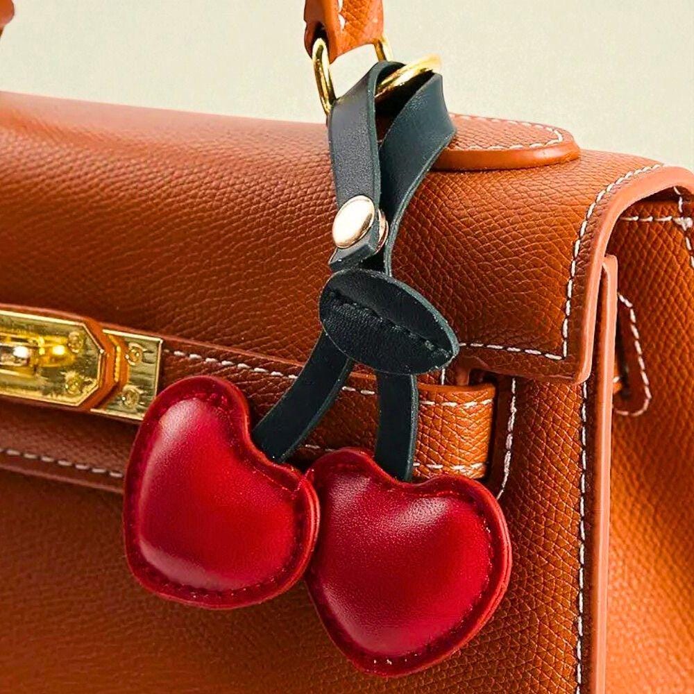 CIBBALIY Suede Cherry Keychain - Pink Suede Bag Charm With Gold Tone Hardware, Decorative Key Ring