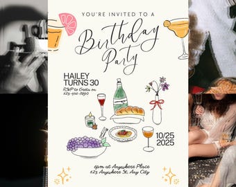 Handdrawn Birthday Invitation Template, Elegant Cocktail Party Design, 20th 30th 40th Party, Fun Invite