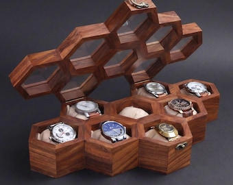 Handmade Wooden Watch Box for Men, Honeycomb Display Case with Cushions, 8 Slot Organizer Luxury Gift