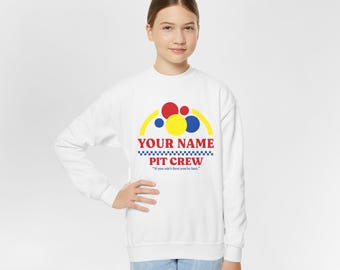 Sudadera juvenil personalizada para equipo de boxes - Sudadera infantil personalizada con cuello redondo para equipo de carreras - Ropa juvenil de automovilismo - Regalo de cumpleaños de carreras para niños