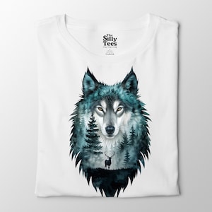 T-shirt Wolf Forest - T-shirt double exposition loup et cerf, chemise pour amoureux de la nature, t-shirt graphique esprit animal, chemise nature sauvage