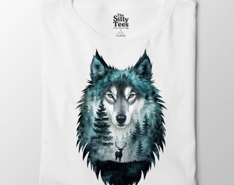 Wolf Forest T-Shirt: Double Exposure Graphic Tee, Nature Lover Gift