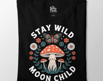 Camiseta infantil Stay Wild Moon: camiseta bohemia retro con diseño de hongo