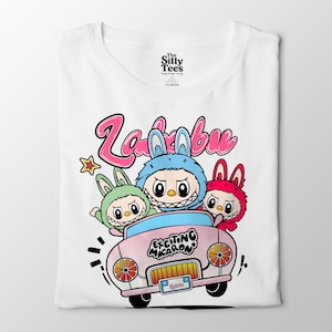 Koszulka Labubu Macaron Car, słodka koszulka Kawaii Bunny Anime, pastelowa estetyczna koszulka z kreskówek dla dziewczynek