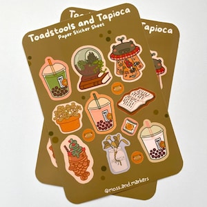 Paddenstoelen en tapioca | Papieren stickervel | Plakboeken | Boba-sticker | Kawaiistickers | Schattig eten | Plantenterrariumboeken