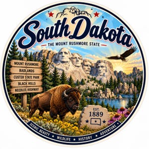 May include: A circular sticker featuring Mount Rushmore, a bison, and a bald eagle. Text reads: South Dakota, The Mount Rushmore State, Mount Rushmore, Badlands, Custer State Park, Black Hills, Needles Highway, Est. 1889, Scenic Beauty, Wildlife, History, Adventure.