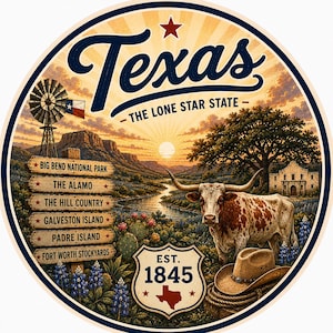 May include: A circular sign featuring a Texas landscape with a longhorn, a windmill, and a wooden signpost listing Big Bend National Park, The Alamo, The Hill Country, Galveston Island, Padre Island, and Fort Worth Stockyards, with the text Texas The Lone Star State and Est. 1845.