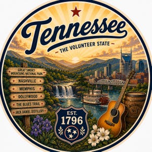 Könnte beinhalten: Eine kreisförmige Grafik mit dem Text Tennessee The Volunteer State, einer Sonnenuntergangslandschaft mit Bergen, Wasserfall, Skyline, Raddampfer, Wegweiser, akustischer Gitarre und einem Jack Daniel's Fass.