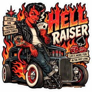 May include: A sticker illustration of a red-skinned devil with horns, wearing a leather jacket and jeans, leaning against a black hot rod car with flames. The text reads HELL RAISER, SPEED, SIN, TROUBLE, GOOD TIMES, BAD IDEAS, and LIFE'S MORE FUN IN THE FAST LANE.