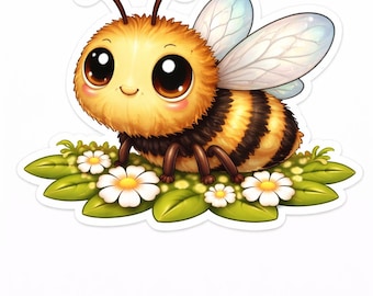 May include: A cute cartoon bee with large eyes, brown and yellow stripes, and delicate wings. The bee is perched on a bed of green leaves and small white flowers. The overall design is whimsical and cheerful.