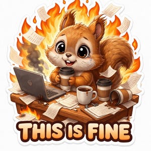 May include: A sticker featuring a cartoon squirrel with a distressed expression, surrounded by flames and papers. The squirrel is holding two coffee cups, with a laptop and spilled coffee on the desk. The text "THIS IS FINE" is at the bottom.
