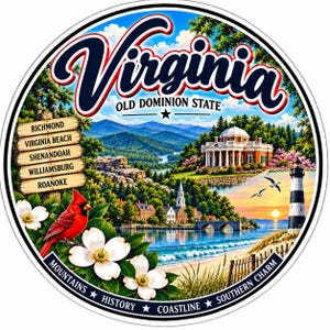 May include: A circular decorative sign featuring the text Virginia Old Dominion State, Mountains, History, Coastline, Southern Charm. It depicts a red cardinal, white dogwood flowers, a wooden signpost with city names, a mansion, and a lighthouse.