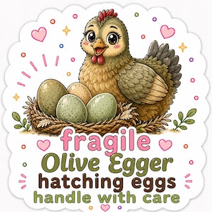 May include: A sticker featuring a brown chicken sitting in a straw nest with three speckled eggs. The text reads: fragile, Olive Egger, hatching eggs, handle with care. The design includes pink hearts, small stars, and colorful dots on a white background.