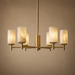 Modern Alabaster Chandelier, 6-Light Brass Ceiling Light, Natural Stone Fixture