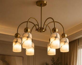 Moderner Messing-Leuchter, 6-flammige Alabaster Marmor Glas Pendelleuchte