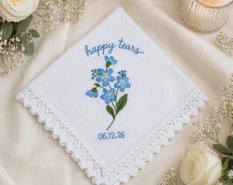 Pañuelo azul para la novia / Pañuelo personalizado con la frase "Lágrimas de felicidad" / Recuerdo bordado para la novia, la madre o la abuela.