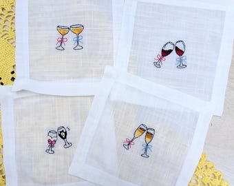Custom embroidered linen cocktail napkin set , champagne glass motifs, personalized Bar Coasters for wedding , gift sets
