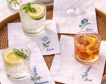 Servilletas de cóctel personalizadas con bordado de flores silvestres / Servilletas de lino con nombre personalizado / Recuerdos de boda / Regalo de aniversario / Servilletas florales personalizadas