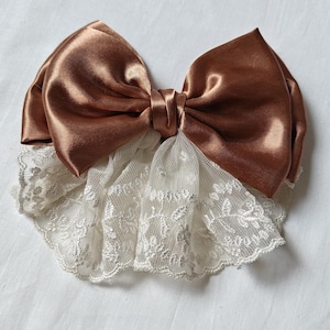 Handmade Bronze Satin & Ivory Lace Hair Bow: Vintage Elegant Hair clip