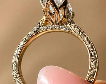 Vintage 3 CT Marquise Cut Moissanite Engagement Ring, Tulip Set 14K Solid Gold Ring, Nature Inspired Wedding Ring, Floral Anniversary Gift
