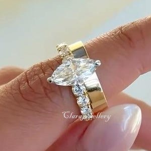 2 CT Marquise Cut Moissanite Engagement Ring Set Unique Diamond Ring With Matching Band 14K Solid Gold Ring Set Bridal Anniversary Ring Set