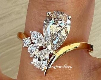 Unique 3 CT Pear Moissanite Ring Pear Cluster Engagement Ring 14K Solid Gold Multi Stone Ring Pear Wedding Ring Anniversary Gifts For Her